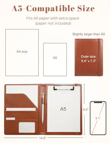 Mymazn Small Clipboard Padfolio for Women Fits 5x8 Inch Writing Pads | Brown Classic Faux Leather with Elastic Closure & Pockets - view 3