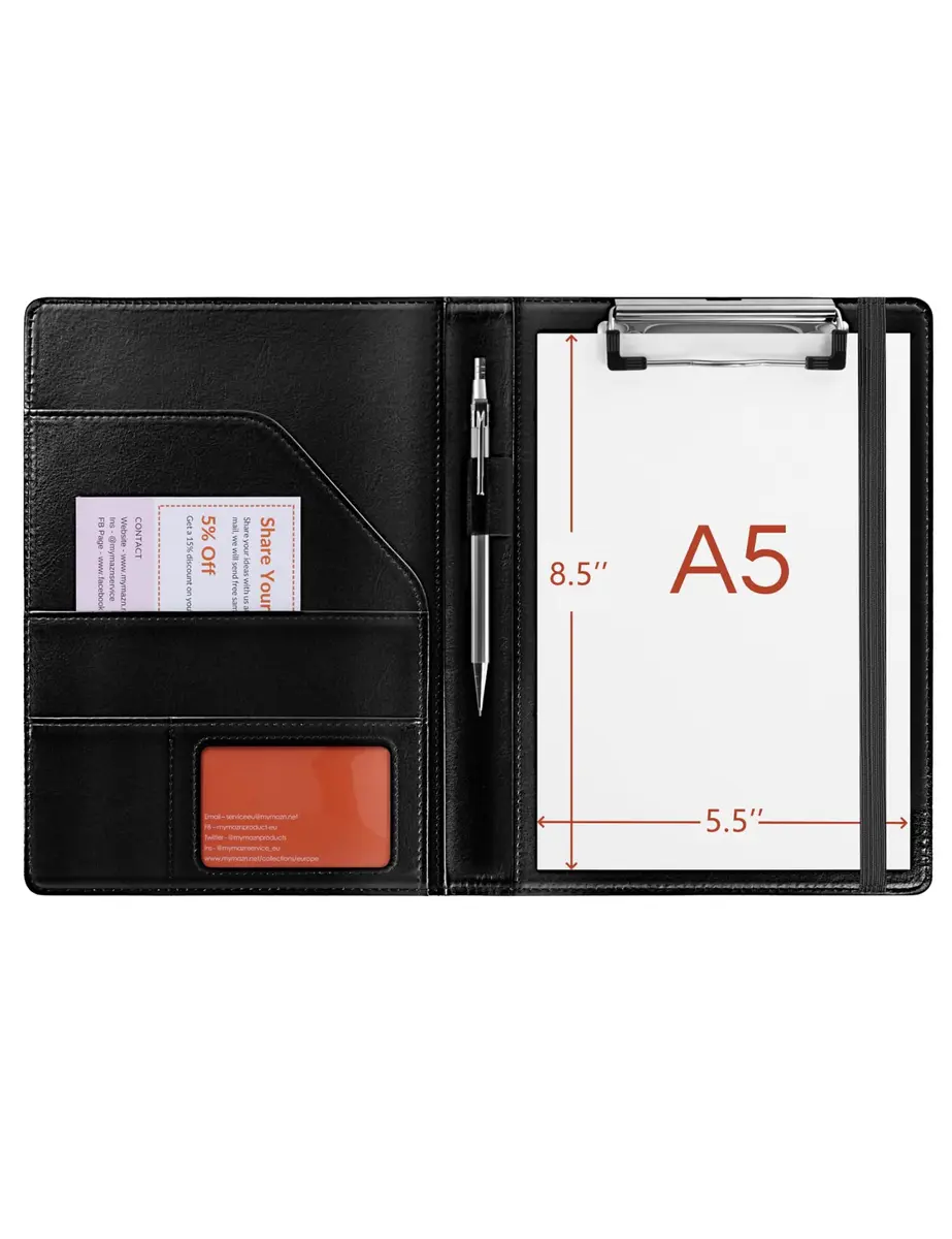 Mymazn Small Clipboard Padfolio for Women Fits 5x8 Inch Writing Pads | Black Faux Leather with Elastic Closure - main product image