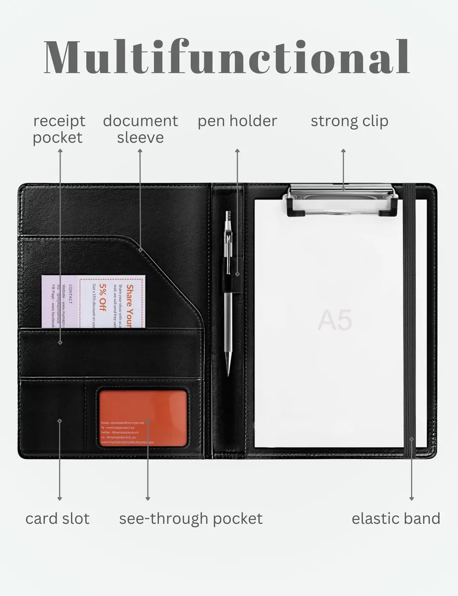 Mymazn Small Clipboard Padfolio for Women Fits 5x8 Inch Writing Pads | Black Faux Leather with Elastic Closure - view 2