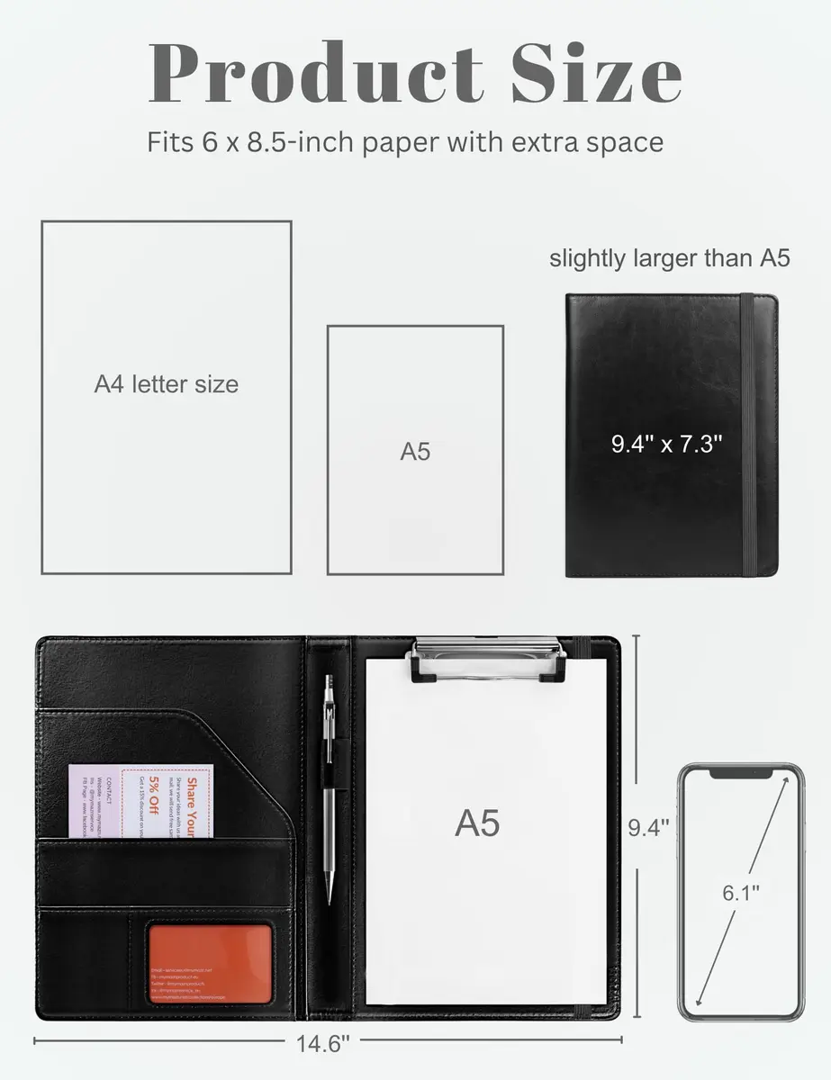 Mymazn Small Clipboard Padfolio for Women Fits 5x8 Inch Writing Pads | Black Faux Leather with Elastic Closure - view 3
