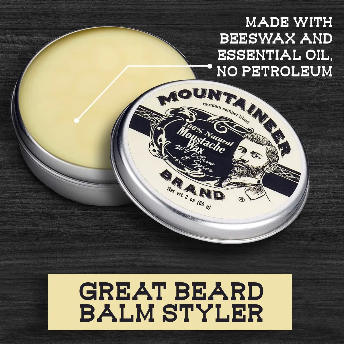 Mountaineer Brand Natural Mustache Wax Citrus & Spice 60ml (2oz) | Long-Lasting Hold for Styling - view 2