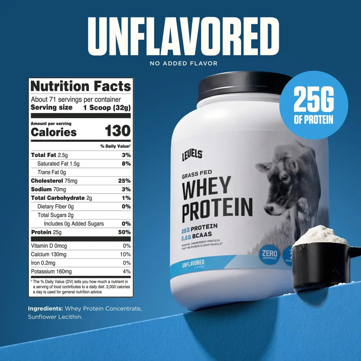 Levels Nutrition Whey Protein Powder, Unflavored, 5 lb (2.27 kg) | 25g Protein Per Serving, Grass-Fed Dairy - view 3