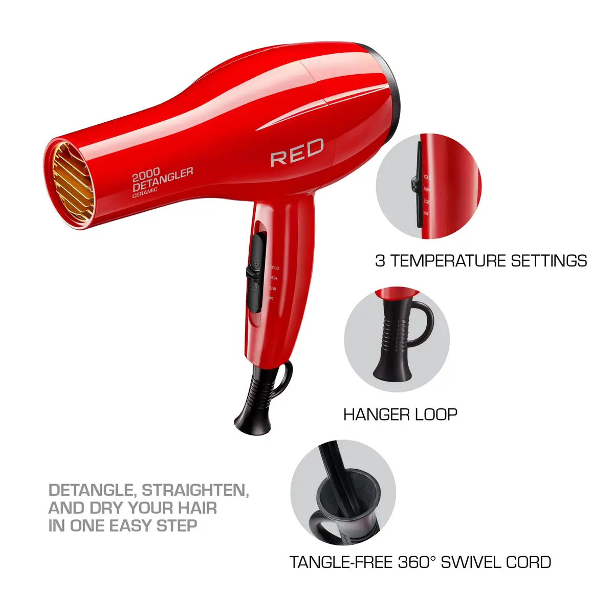 Red by Kiss Detangler Dryer Plus 3 Attachments | Lightweight Ceramic Ionic Hair Dryer with Detangle Pik, Concentrator, 1.75 Pound - view 4