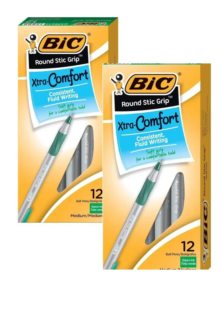 BIC Round Stic Grip Xtra Comfort Ball Pen Medium Pt 1.2mm Green | Fluid Writing, Soft Grip, Non-Refillable (120 chars) - main product image