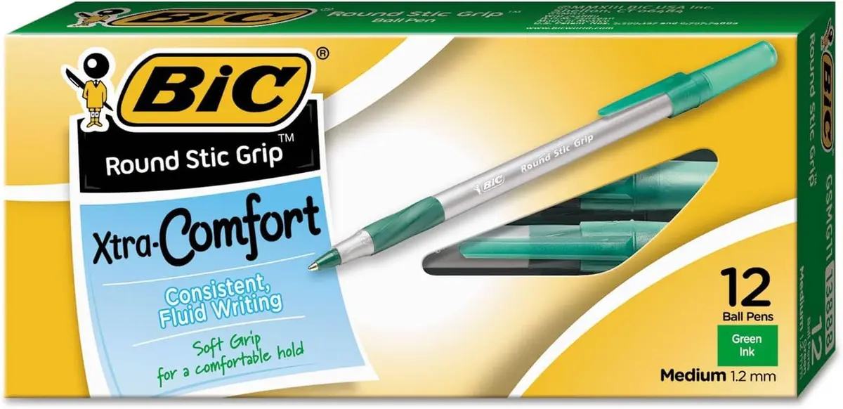 BIC Round Stic Grip Xtra Comfort Ball Pen Medium Pt 1.2mm Green | Fluid Writing, Soft Grip, Non-Refillable (120 chars) - view 2