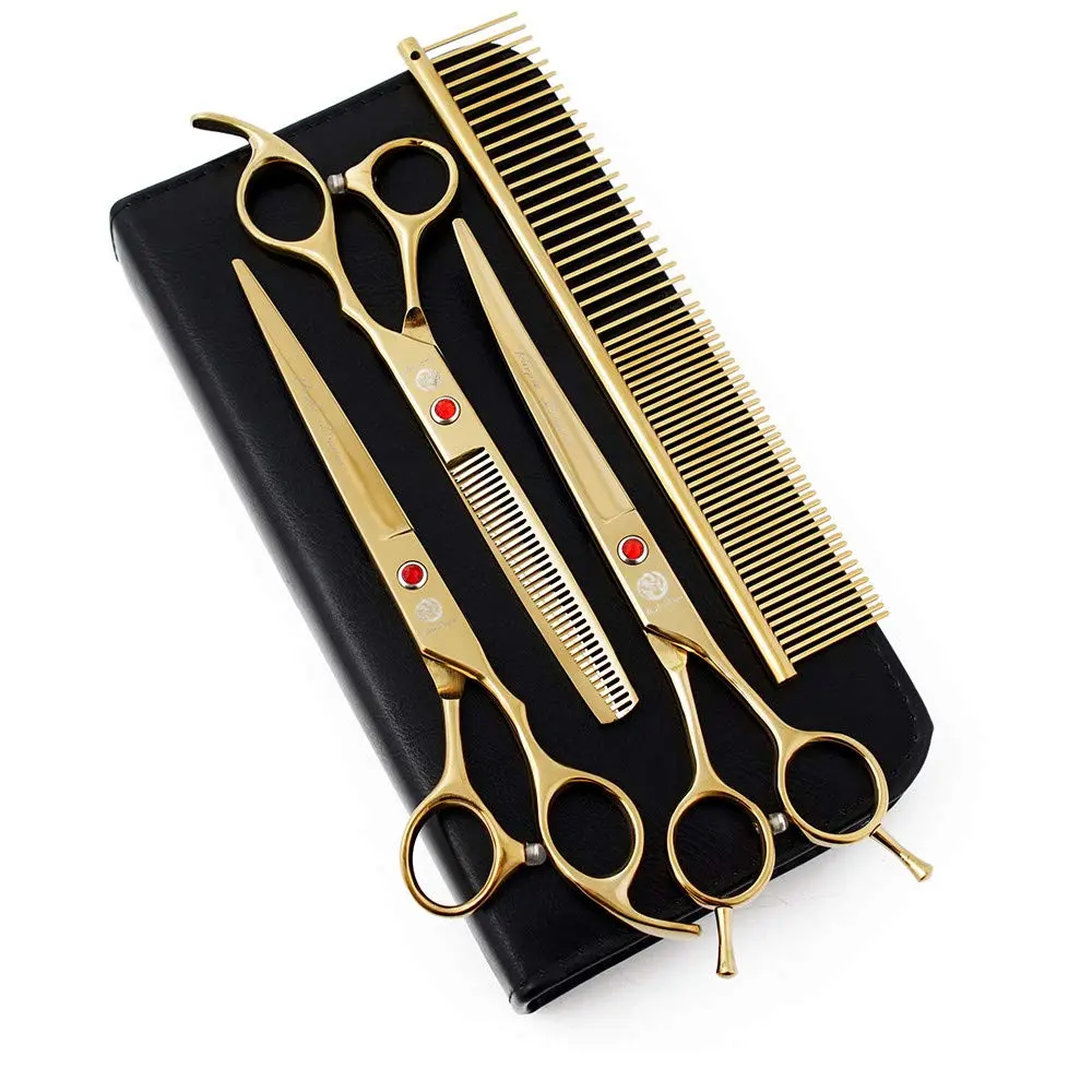 Purple Dragon 7" Dog Grooming Scissors Set with Rhinestone Accent - Golden | Sharp, Durable, Ice Calcined Japan Steel - main product image