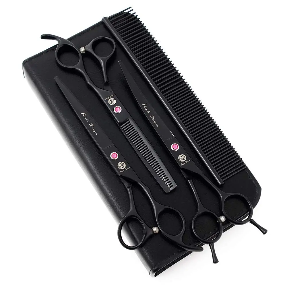 Purple Dragon Pet Grooming Scissors Set with Rhinestone Accent - Black | 7" Professional Pet Shears for Dogs & Cats - main product image