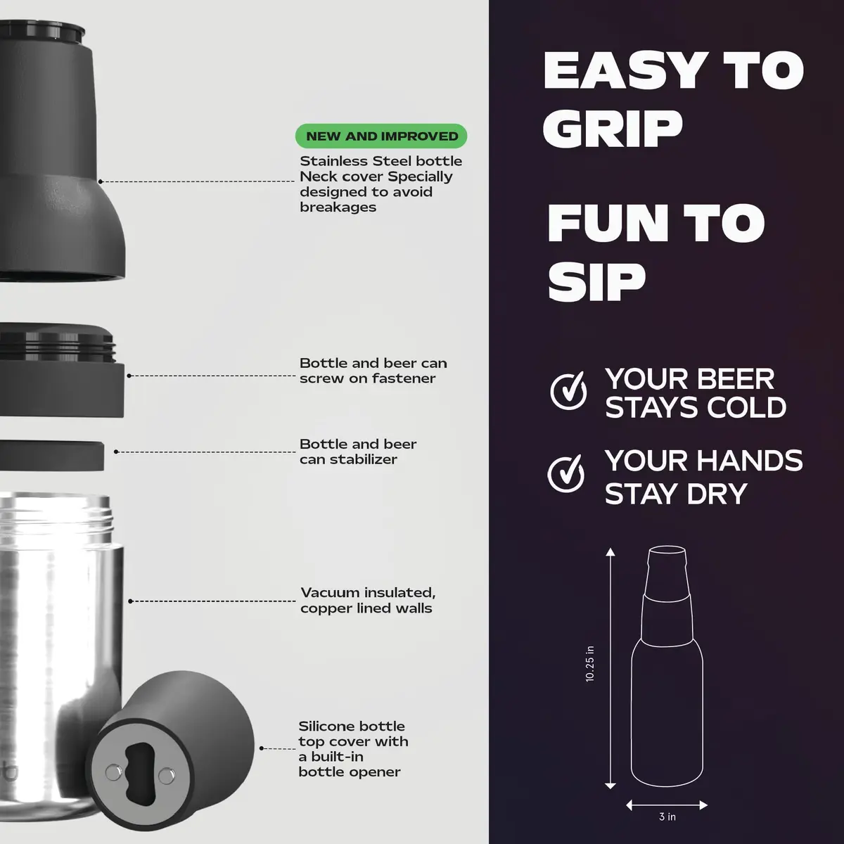Asobu Frosty Beer Holder 590ml (20 Fl Oz) | Vacuum Insulated Stainless Steel Can & Bottle Cooler with Built-in Opener - view 6