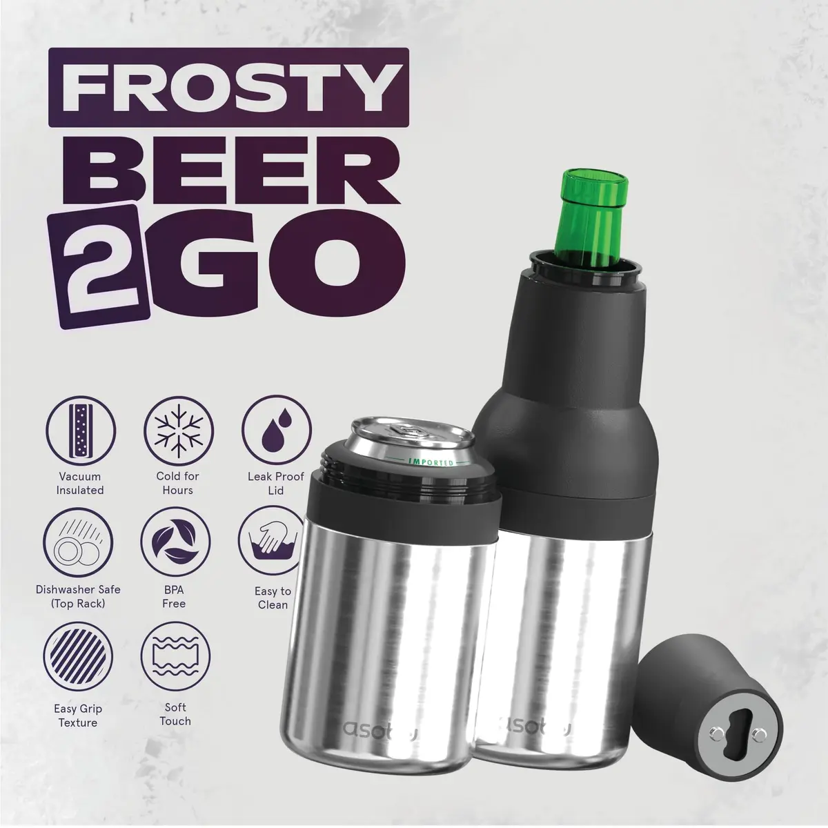 Asobu Frosty Beer Holder 590ml (20 Fl Oz) | Vacuum Insulated Stainless Steel Can & Bottle Cooler with Built-in Opener - view 2