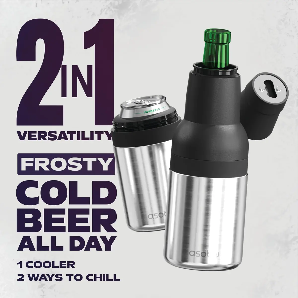 Asobu Frosty Beer Holder 590ml (20 Fl Oz) | Vacuum Insulated Stainless Steel Can & Bottle Cooler with Built-in Opener - view 3