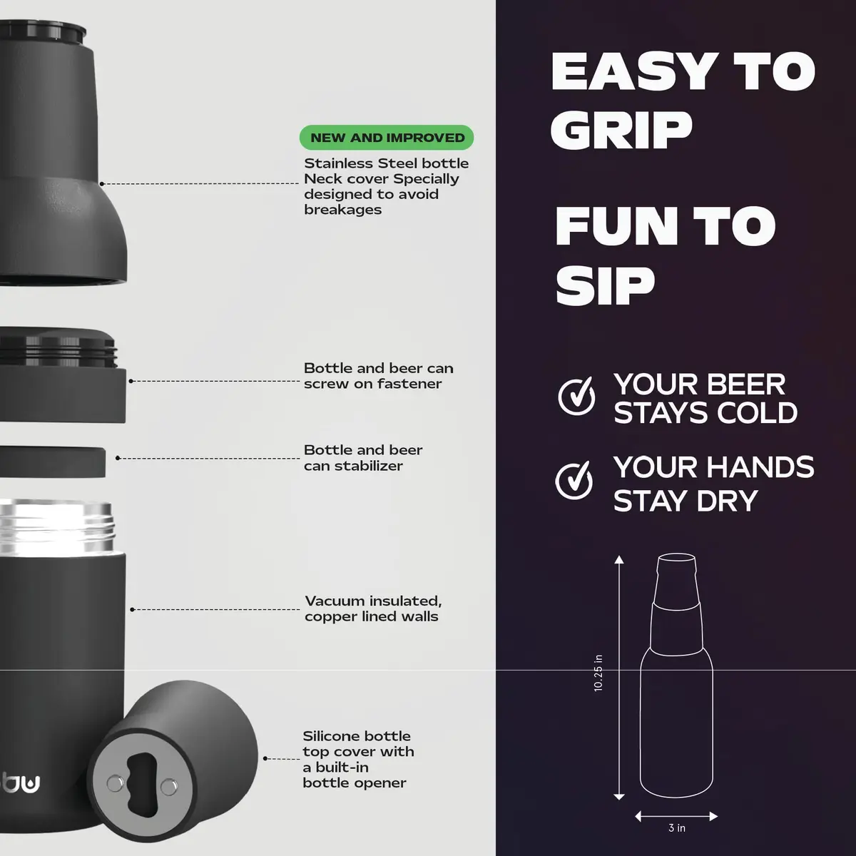Asobu Frosty Beer Holder 2 Go Vacuum Insulated Stainless Steel Beer Can and Bottle Cooler with Built-in Opener, 12oz (355ml) | Keeps Drinks Cold for 12 Hours - view 6