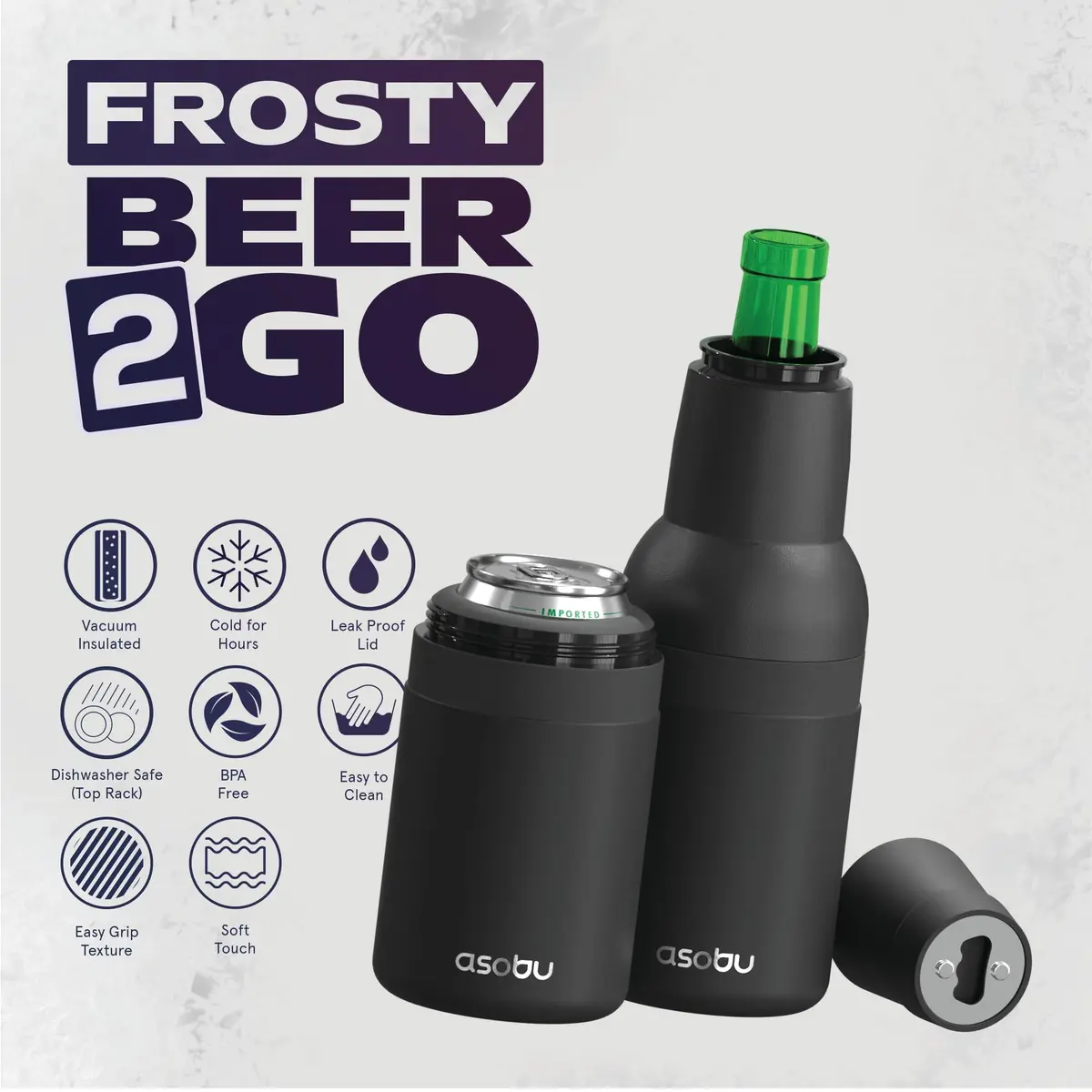 Asobu Frosty Beer Holder 2 Go Vacuum Insulated Stainless Steel Beer Can and Bottle Cooler with Built-in Opener, 12oz (355ml) | Keeps Drinks Cold for 12 Hours - view 2