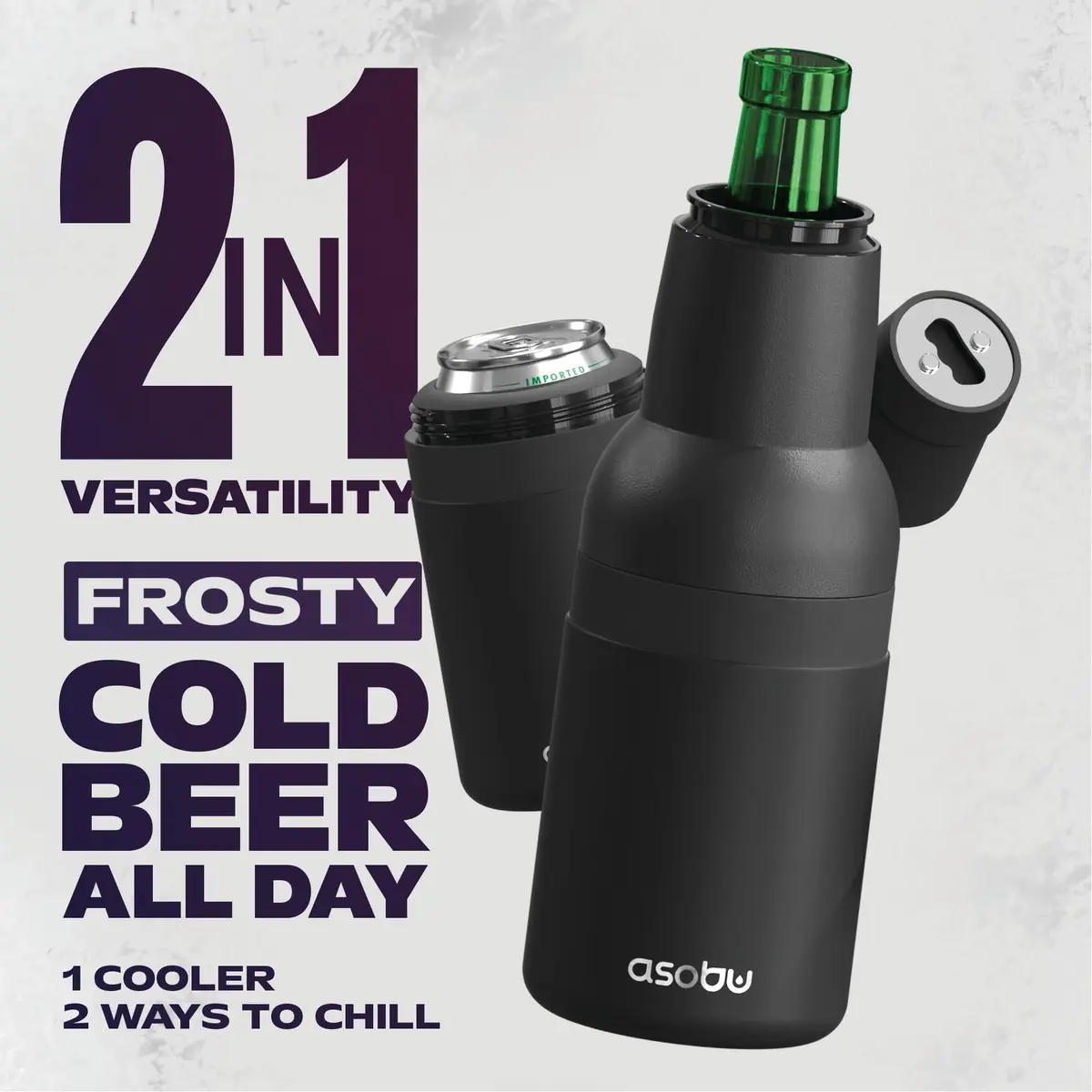 Asobu Frosty Beer Holder 2 Go Vacuum Insulated Stainless Steel Beer Can and Bottle Cooler with Built-in Opener, 12oz (355ml) | Keeps Drinks Cold for 12 Hours - view 3