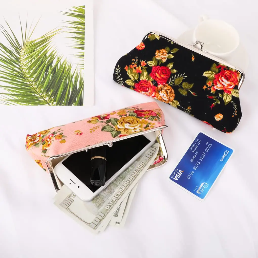 Oyachic Large Coin Purse Floral Canvas 18cm | Vintage Kiss Lock Wallet for Women Girls - view 5