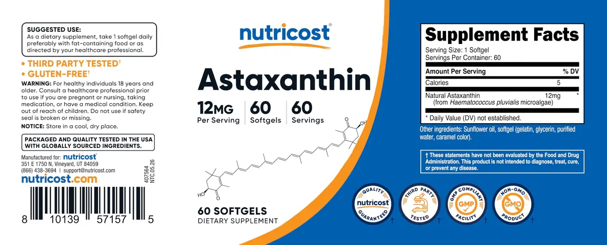 Nutricost Astaxanthin 12mg 60 Softgels | Antioxidant Supplement for Wellness - view 6