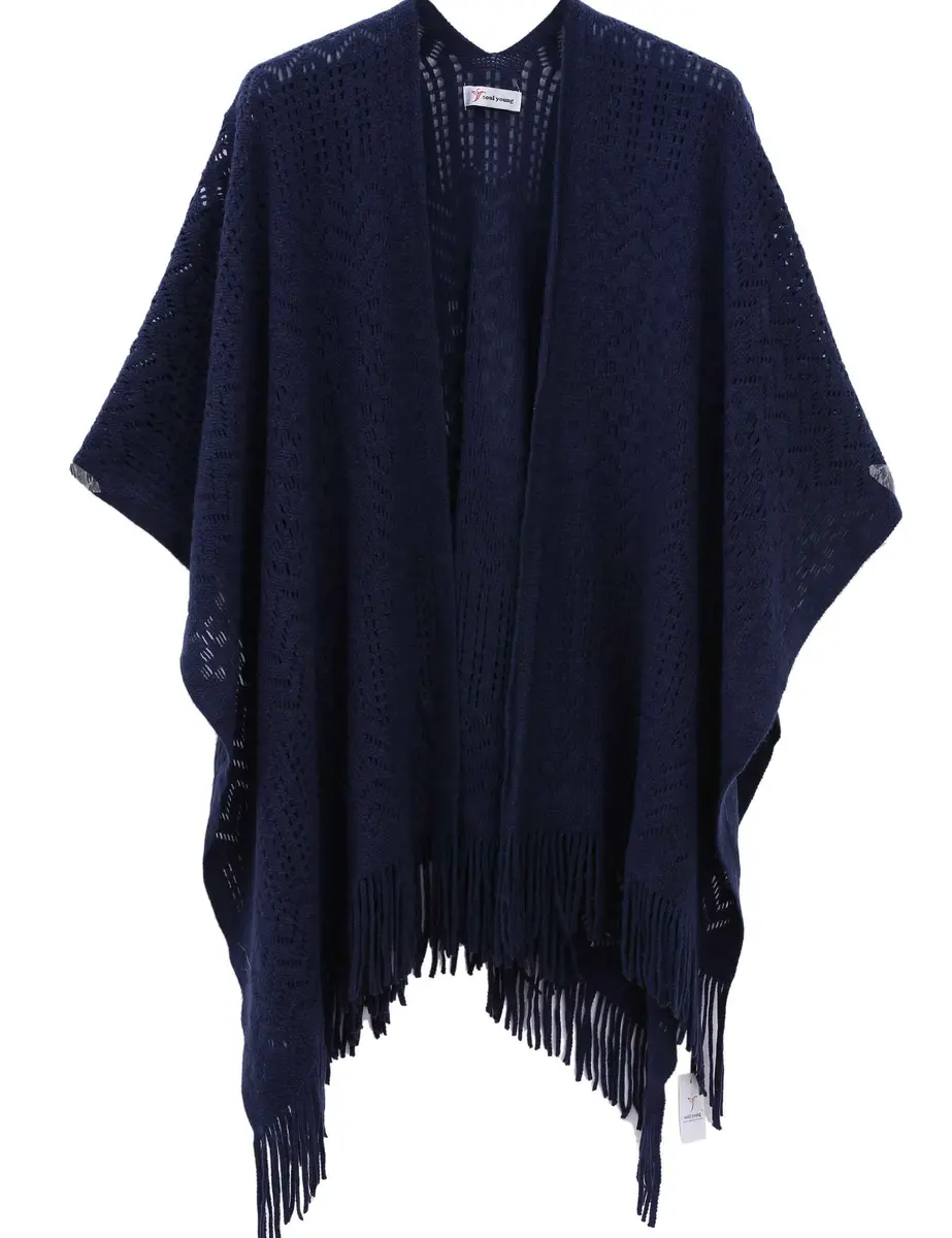 sy soul young Knit Shawl Wrap for Women Ladies Fringe Poncho Cape One Size Navy | Soft Acrylic, Casual & Warm - main product image