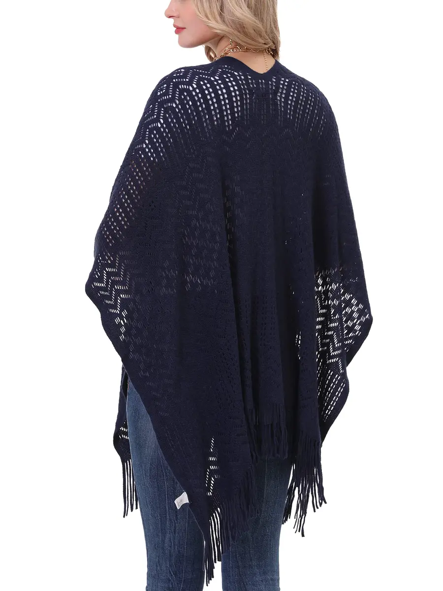 sy soul young Knit Shawl Wrap for Women Ladies Fringe Poncho Cape One Size Navy | Soft Acrylic, Casual & Warm - view 5