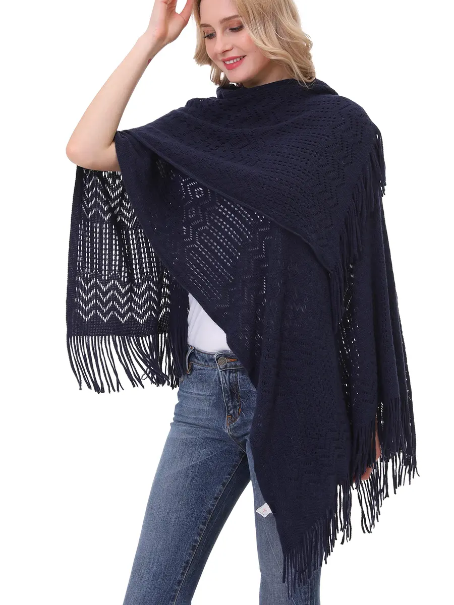 sy soul young Knit Shawl Wrap for Women Ladies Fringe Poncho Cape One Size Navy | Soft Acrylic, Casual & Warm - view 6