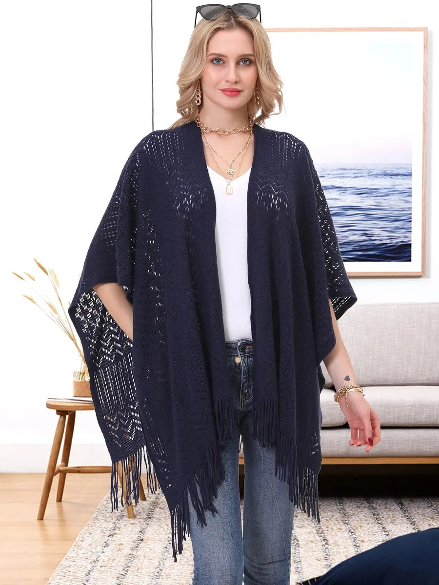 sy soul young Knit Shawl Wrap for Women Ladies Fringe Poncho Cape One Size Navy | Soft Acrylic, Casual & Warm - view 7