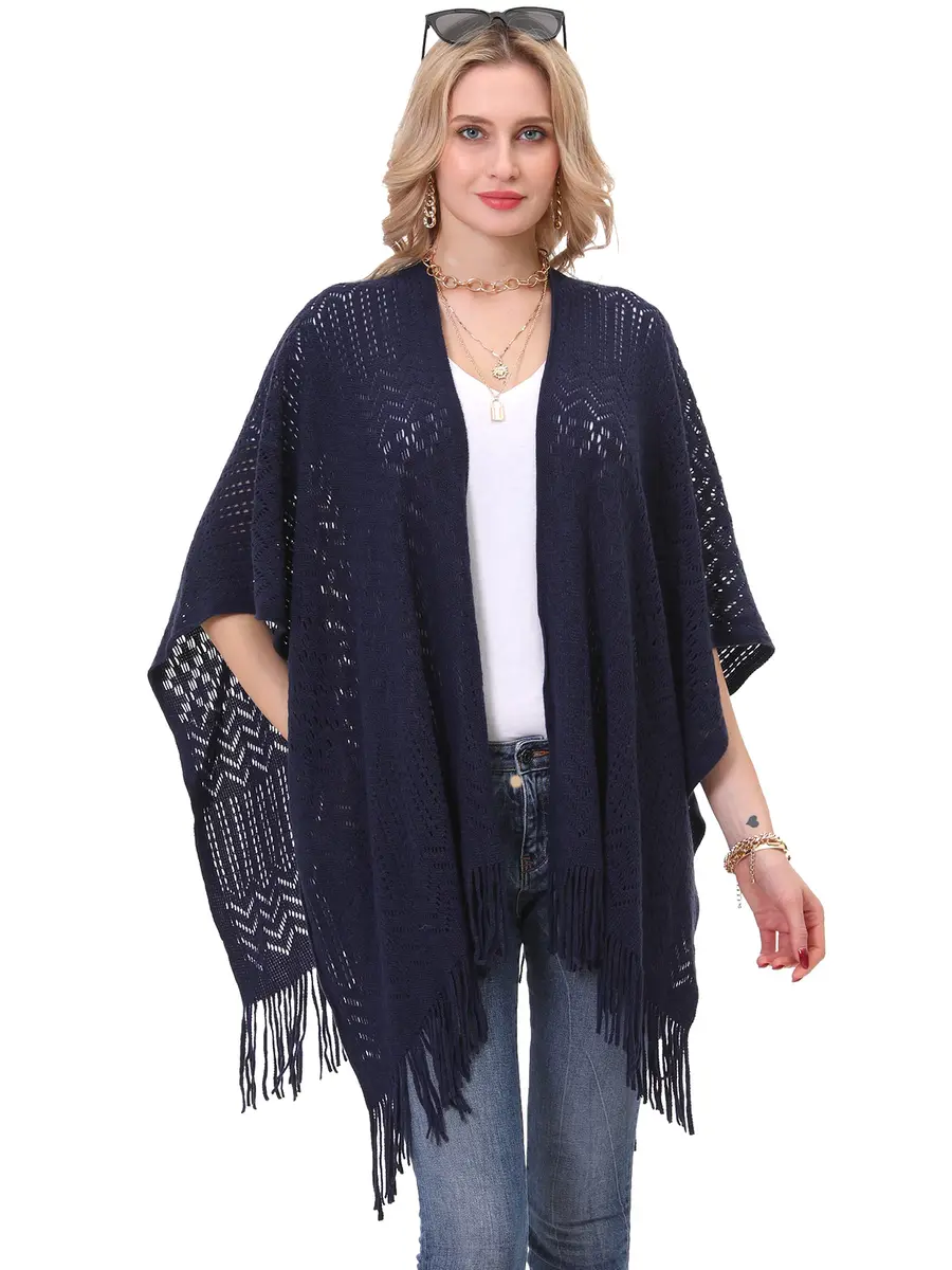 sy soul young Knit Shawl Wrap for Women Ladies Fringe Poncho Cape One Size Navy | Soft Acrylic, Casual & Warm - view 3