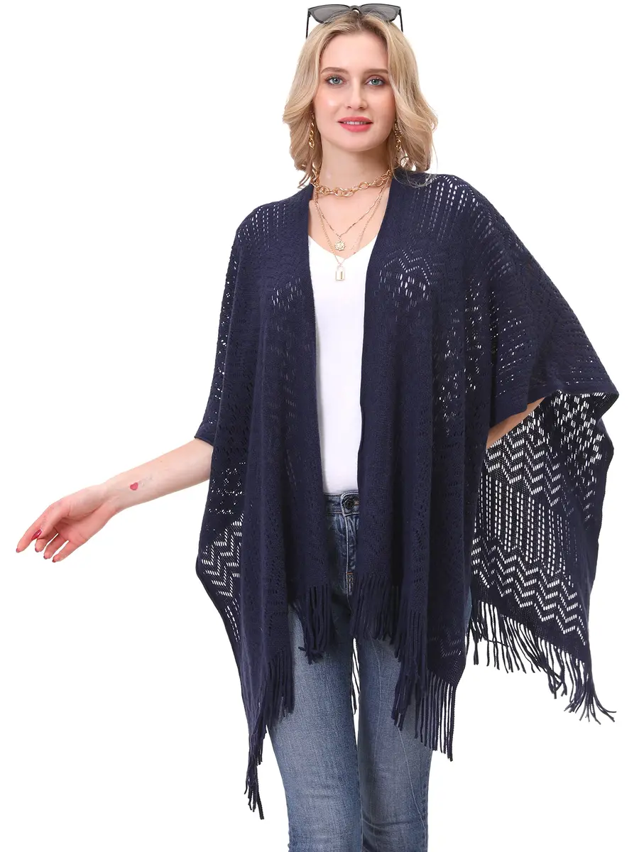 sy soul young Knit Shawl Wrap for Women Ladies Fringe Poncho Cape One Size Navy | Soft Acrylic, Casual & Warm - view 4