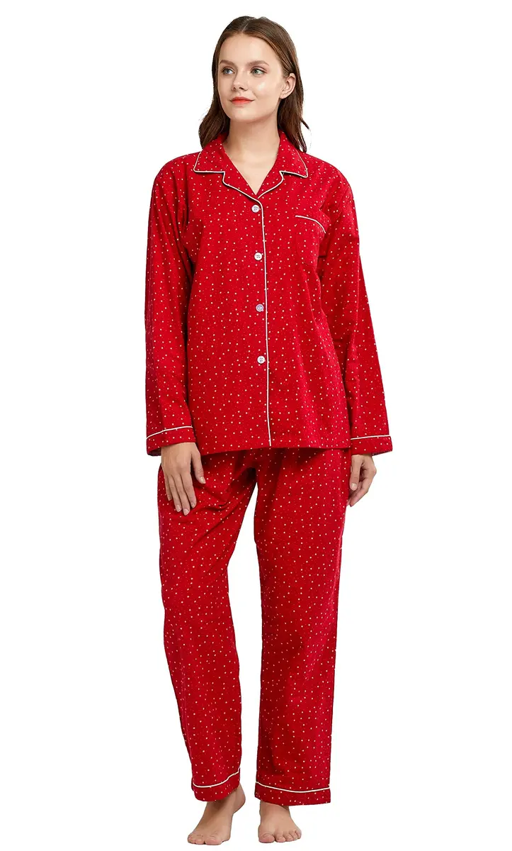 TONY AND CANDICE Women's 100% Cotton Flannel Pajama Set Sleepwear (S,Red Stars) | Classic Christmas Lounge - main product image