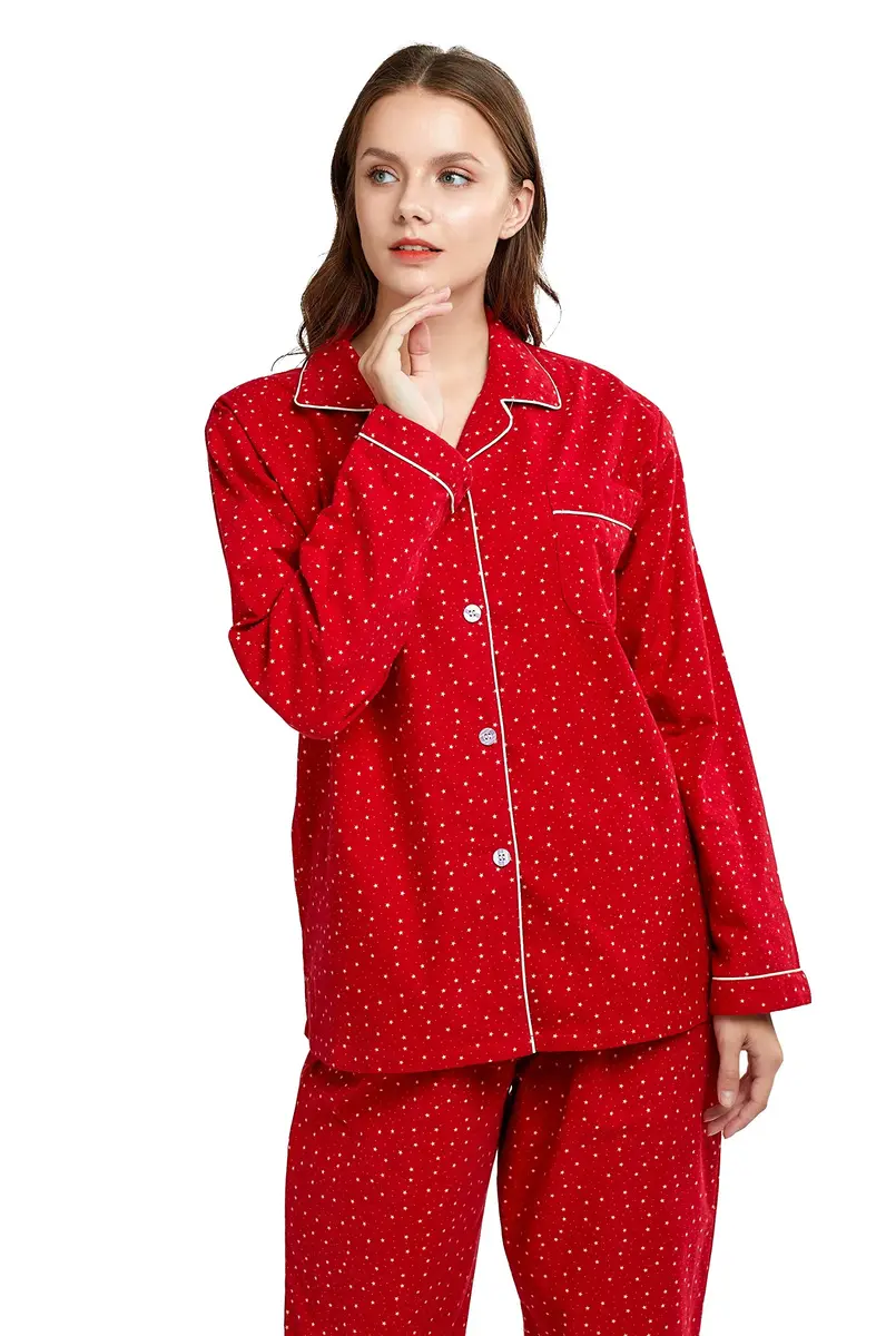 TONY AND CANDICE Women's 100% Cotton Flannel Pajama Set Sleepwear (S,Red Stars) | Classic Christmas Lounge - view 3
