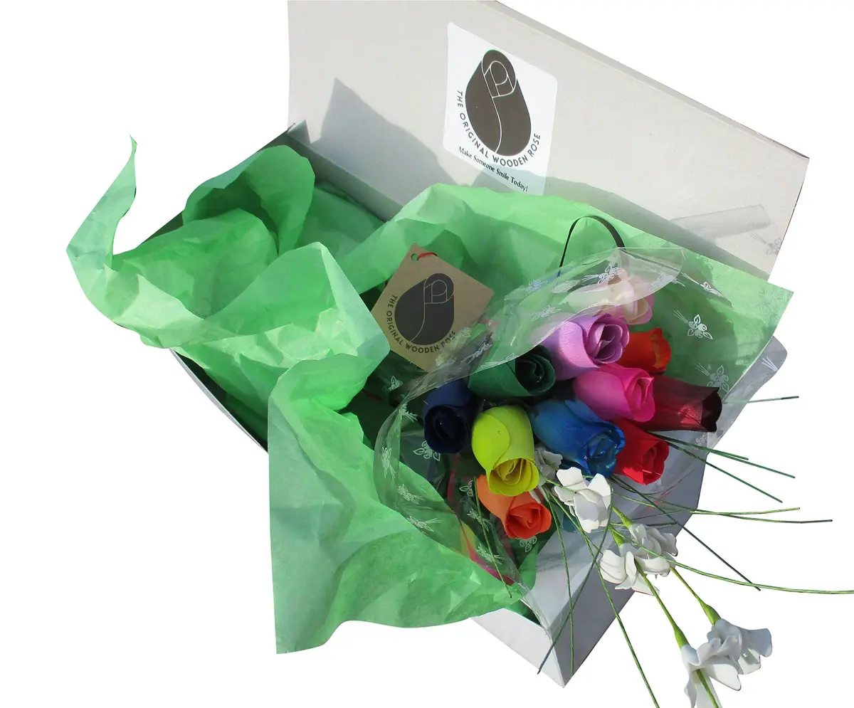 The Original Wooden Rose Assorted Colors Floral Flower Bouquets in a Gift Box (1 Dozen) Brighten your home or office with vibrant birch wood roses, maintenance-free and perfect for gifting - main product image