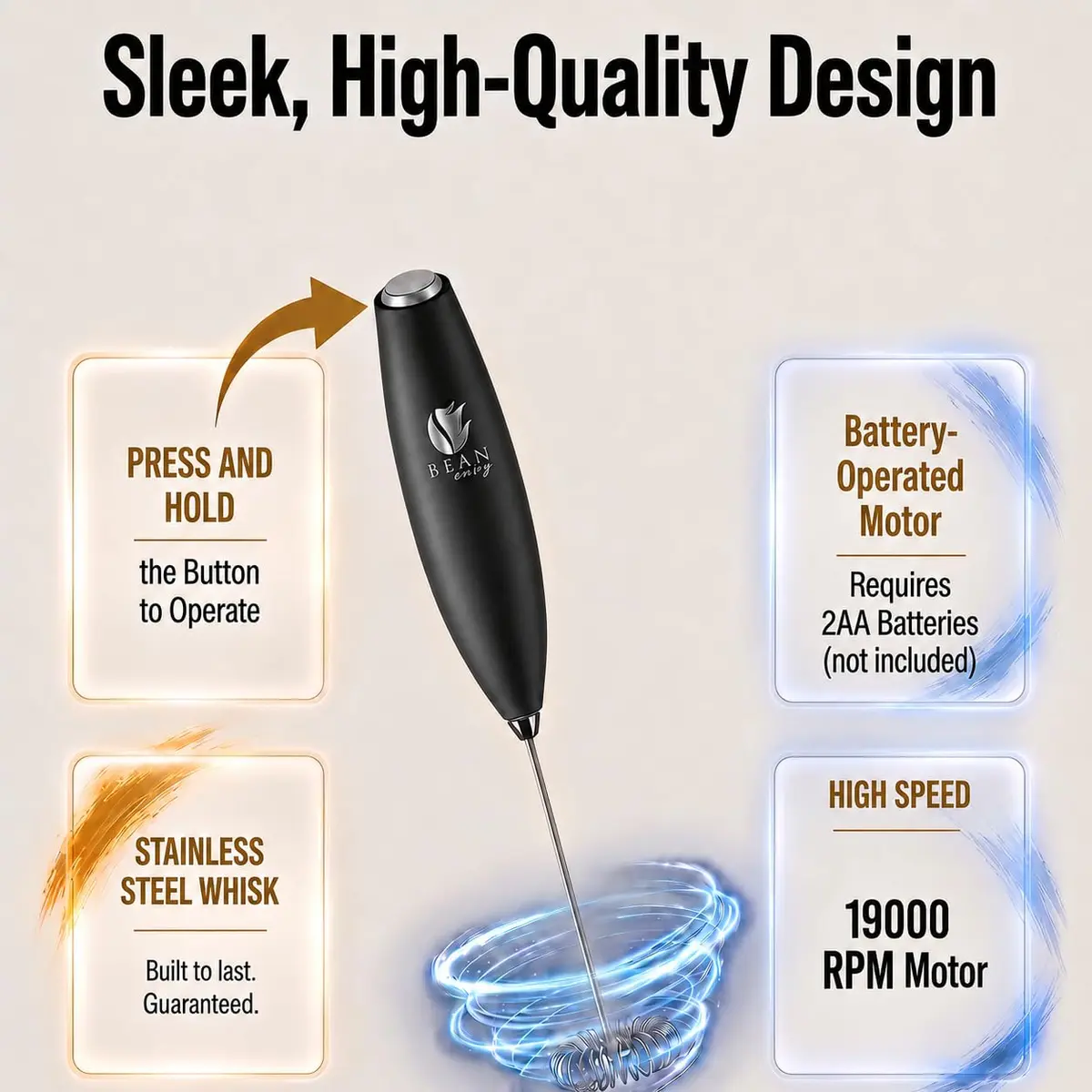 Bean Envy Handheld Milk Frother Wand with Stand - Black | 19000 RPM Electric Mixer for Coffee, Matcha, Protein Shakes - view 5