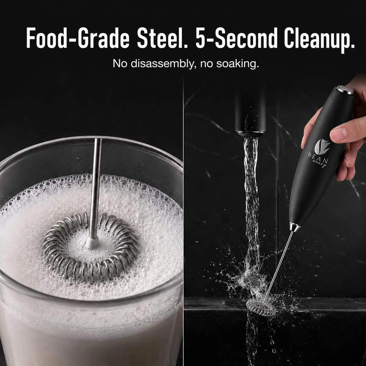 Bean Envy Handheld Milk Frother Wand with Stand - Black | 19000 RPM Electric Mixer for Coffee, Matcha, Protein Shakes - view 6