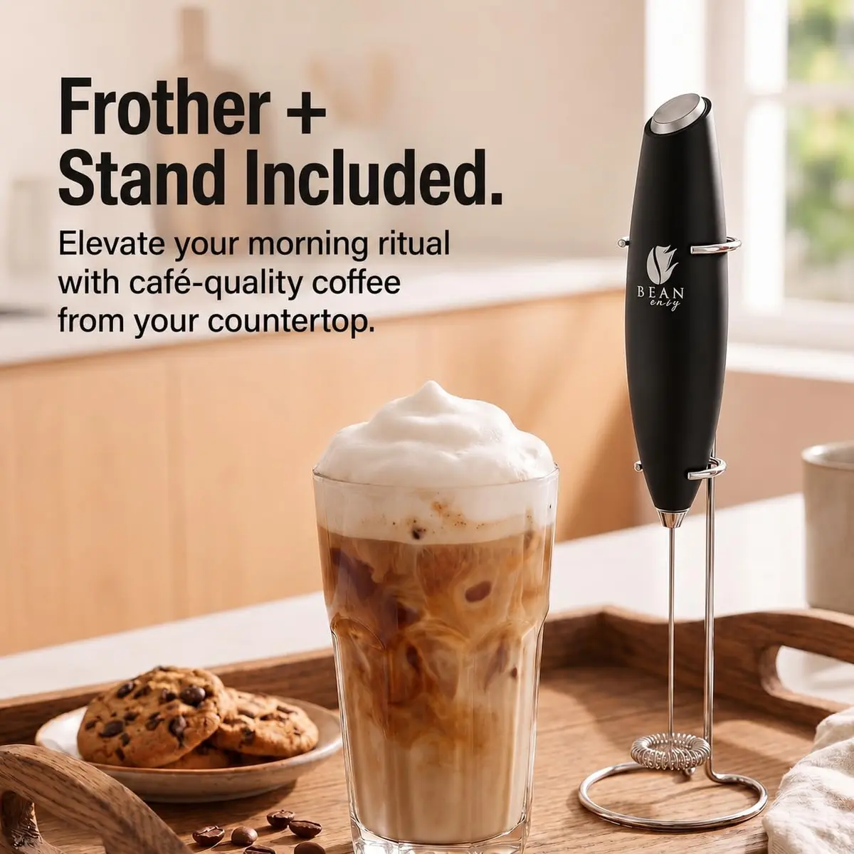 Bean Envy Handheld Milk Frother Wand with Stand - Black | 19000 RPM Electric Mixer for Coffee, Matcha, Protein Shakes - view 3