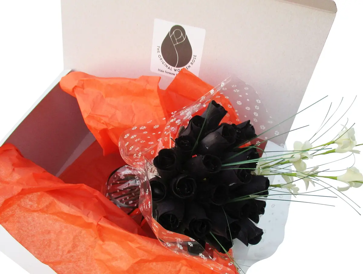 The Original Wooden Rose All Black Gothic Roses Halloween Floral Flower Bouquets in a Gift Box (2 Dozen) Brighten your space with handcrafted birch wood roses, maintenance-free, perfect for gifting or decor - main product image