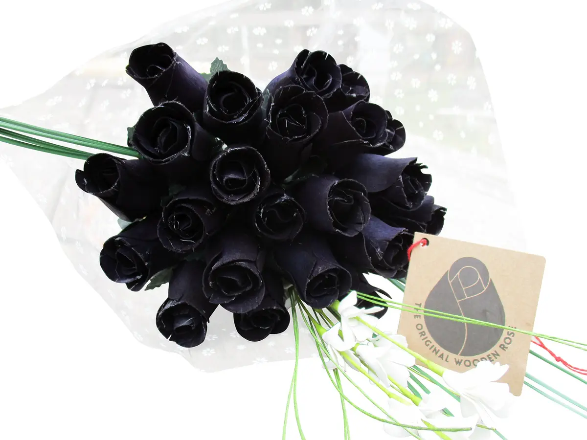 The Original Wooden Rose All Black Gothic Roses Halloween Floral Flower Bouquets in a Gift Box (2 Dozen) Brighten your space with handcrafted birch wood roses, maintenance-free, perfect for gifting or decor - view 5