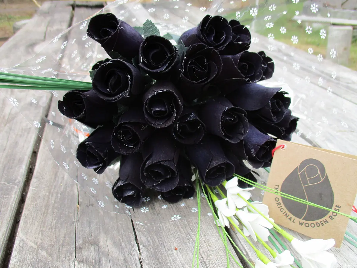 The Original Wooden Rose All Black Gothic Roses Halloween Floral Flower Bouquets in a Gift Box (2 Dozen) Brighten your space with handcrafted birch wood roses, maintenance-free, perfect for gifting or decor - view 6