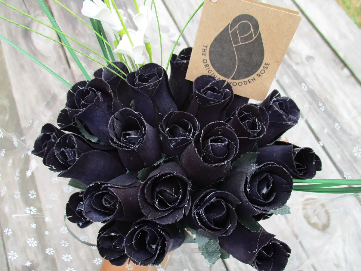 The Original Wooden Rose All Black Gothic Roses Halloween Floral Flower Bouquets in a Gift Box (2 Dozen) Brighten your space with handcrafted birch wood roses, maintenance-free, perfect for gifting or decor - view 7