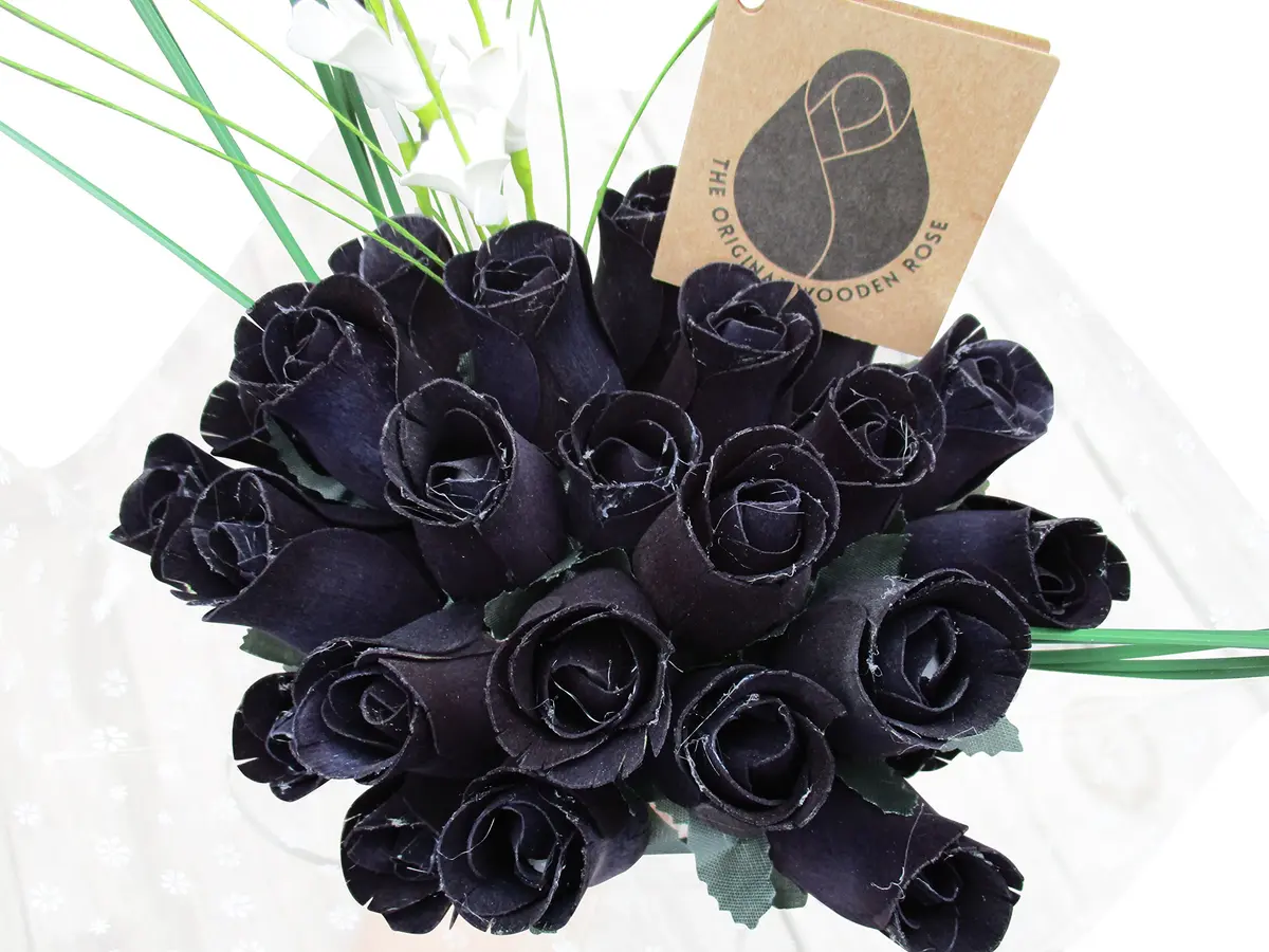 The Original Wooden Rose All Black Gothic Roses Halloween Floral Flower Bouquets in a Gift Box (2 Dozen) Brighten your space with handcrafted birch wood roses, maintenance-free, perfect for gifting or decor - view 9