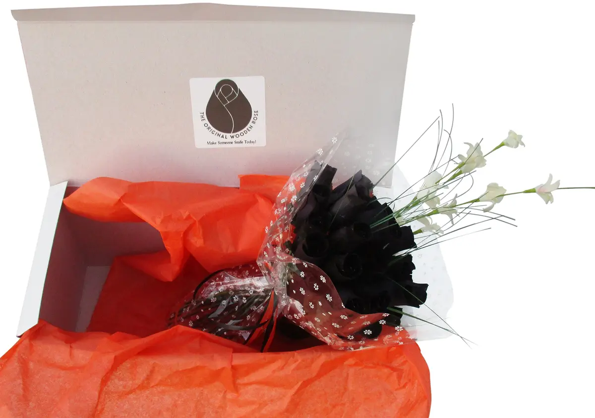 The Original Wooden Rose All Black Gothic Roses Halloween Floral Flower Bouquets in a Gift Box (2 Dozen) Brighten your space with handcrafted birch wood roses, maintenance-free, perfect for gifting or decor - view 2