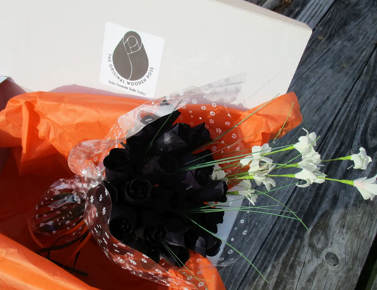 The Original Wooden Rose All Black Gothic Roses Halloween Floral Flower Bouquets in a Gift Box (2 Dozen) Brighten your space with handcrafted birch wood roses, maintenance-free, perfect for gifting or decor - view 3