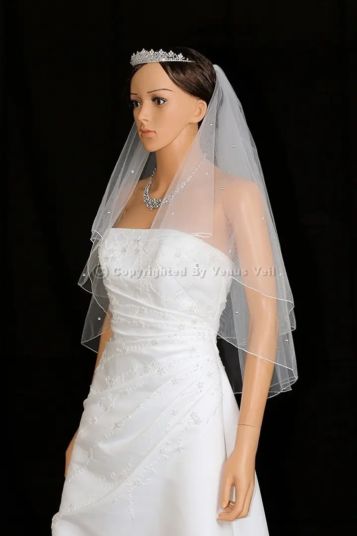 SAMKY Wedding Veil 2 Tier Rhinestone Crystal Shoulder Length 25" | White Bridal Accessory - view 2
