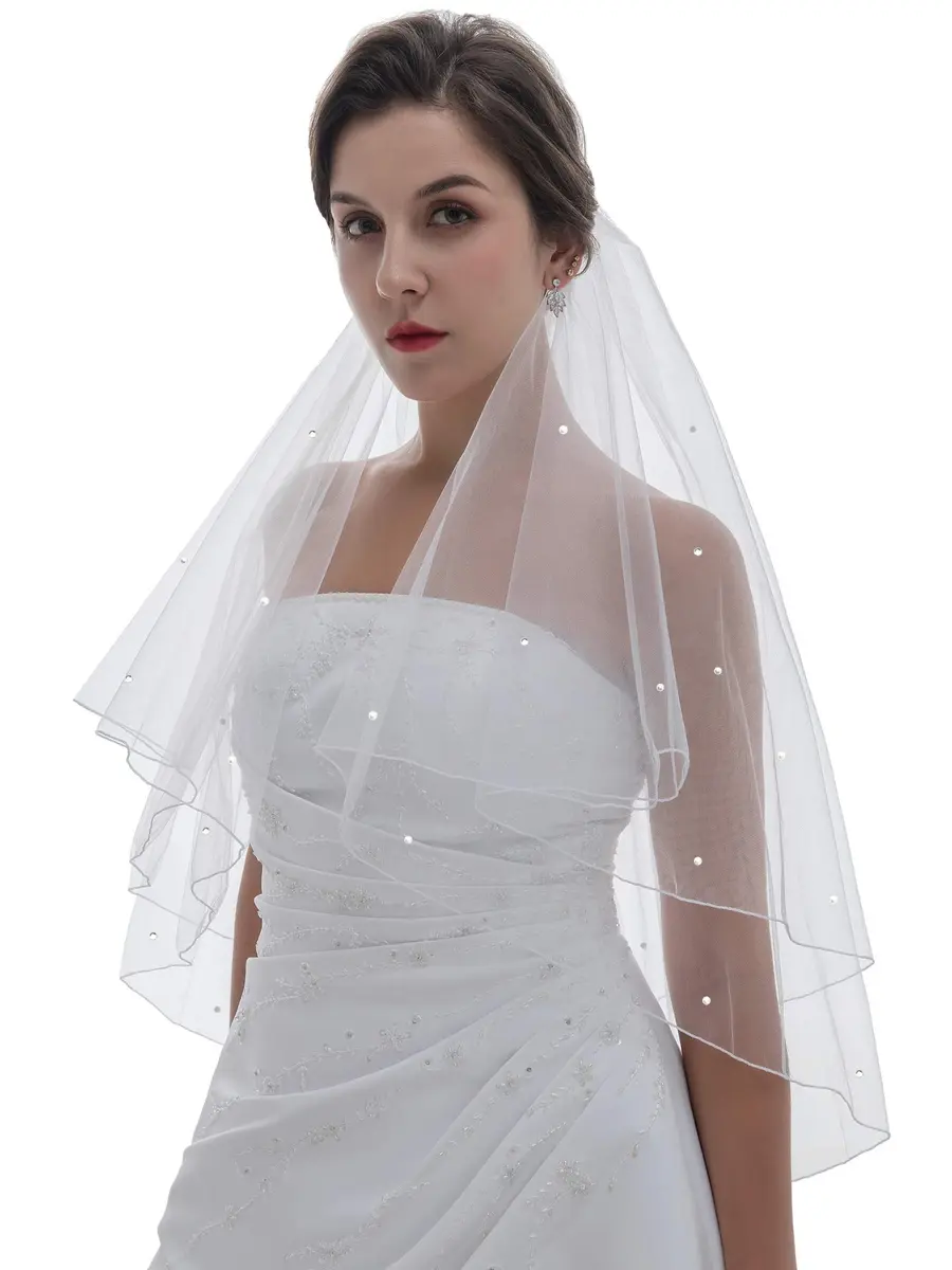 SAMKY 2T 2 Tier Rhinestone Crystal Veil - Light Ivory Shoulder Length 25" | Elegant Bridal Accessory - view 2