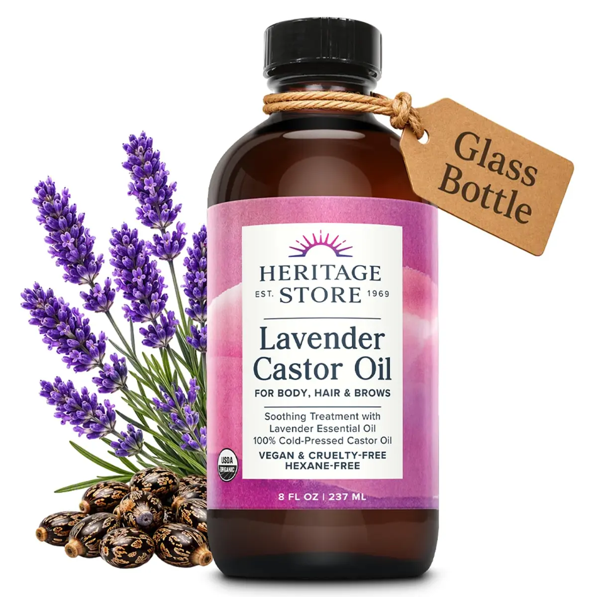 HERITAGE STORE USDA Organic Castor Oil with Lavender, Cold Pressed 236ml (8 Fl Oz) | USDA Organic Hair & Skin Treatment - main product image