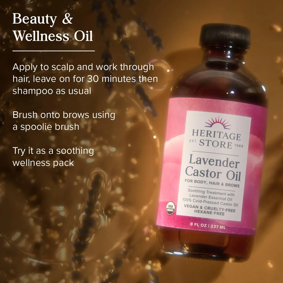 HERITAGE STORE USDA Organic Castor Oil with Lavender, Cold Pressed 236ml (8 Fl Oz) | USDA Organic Hair & Skin Treatment - view 3