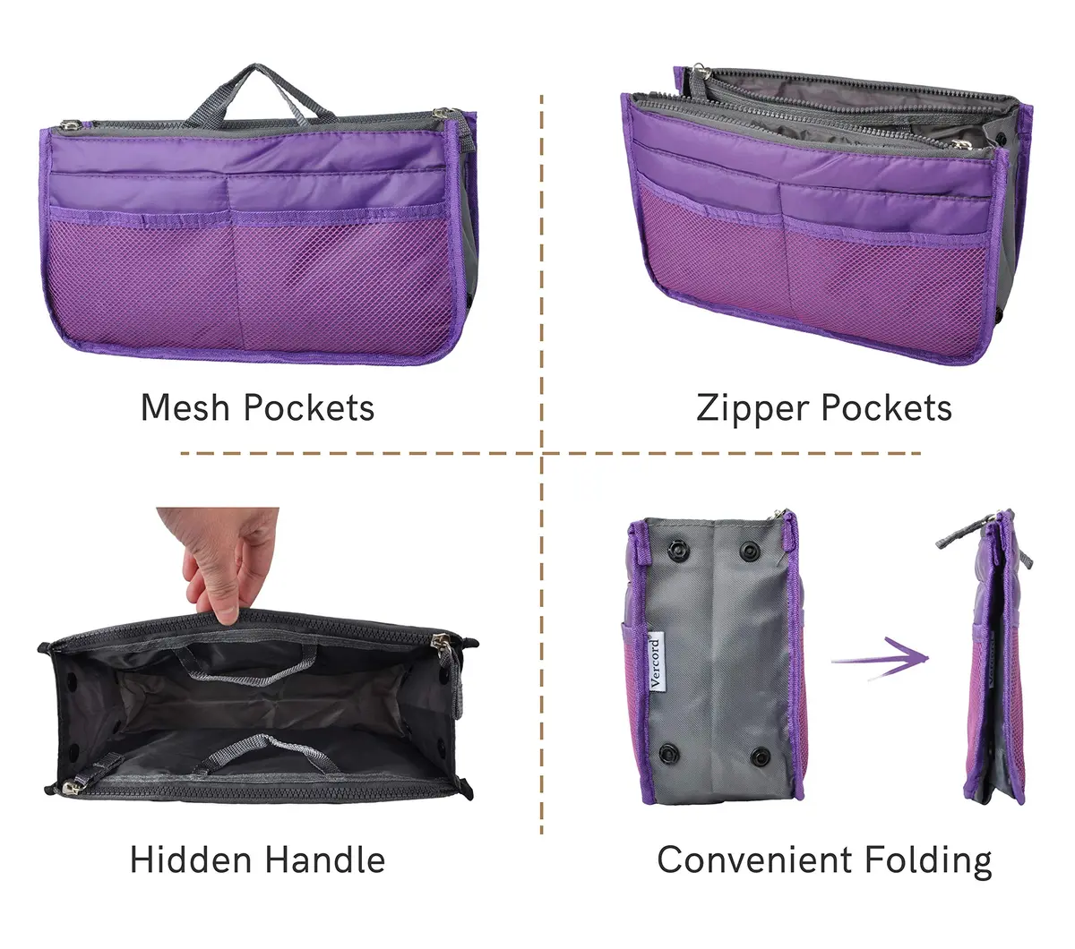 Vercord Purse Organizer Insert for Handbags 13-Pocket Nylon Purple Medium | Keep Your Bag in Control - view 4