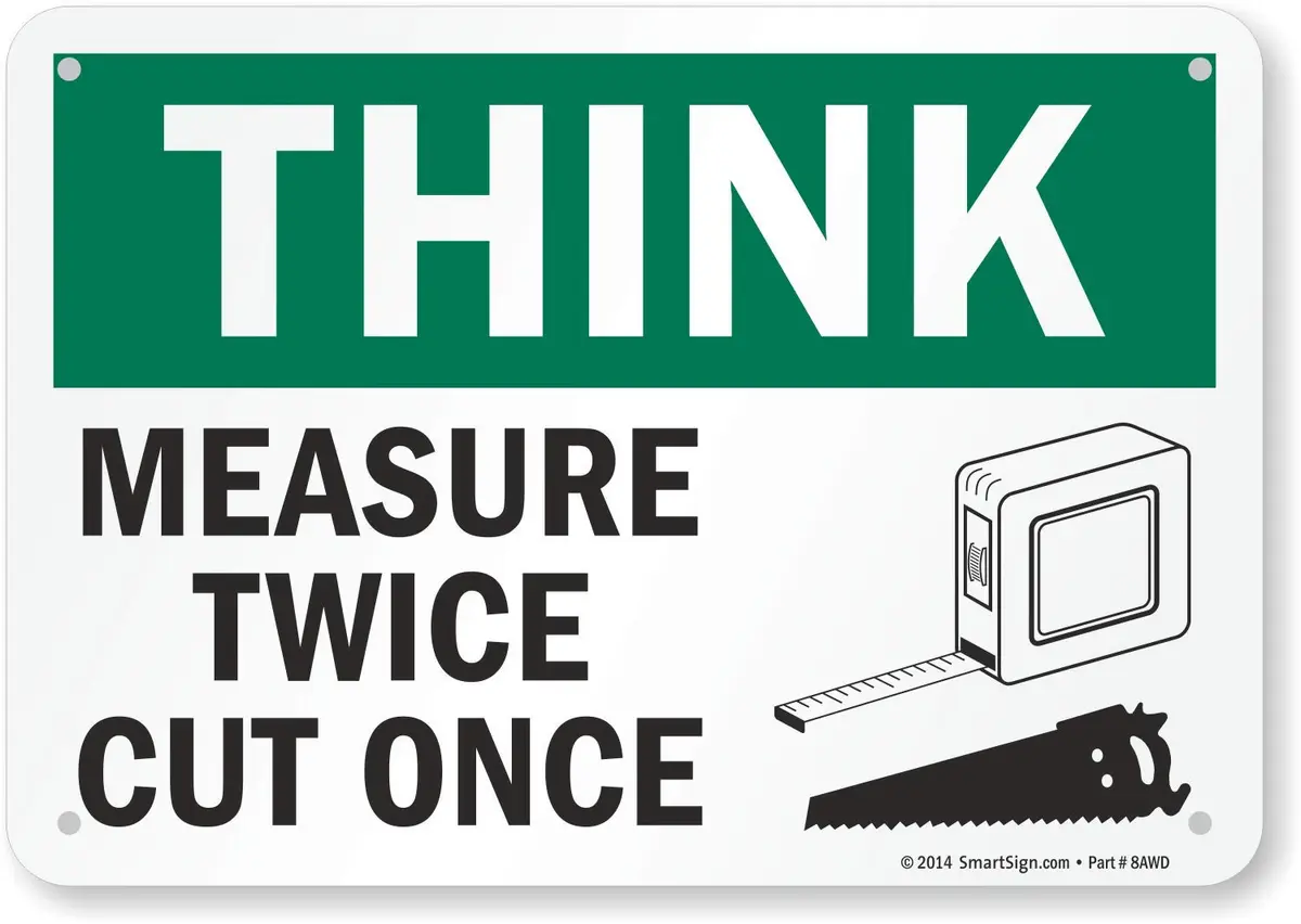 SmartSign Think - Measure Twice, Cut Once Sign 7" x 10" Aluminum | Heavy Duty 40 Mil Thick Sign - main product image