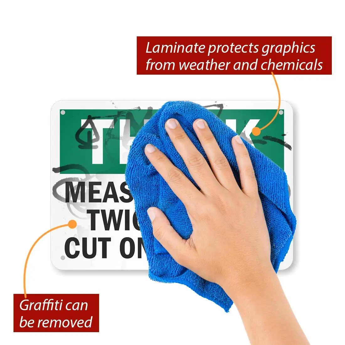 SmartSign Think - Measure Twice, Cut Once Sign 7" x 10" Aluminum | Heavy Duty 40 Mil Thick Sign - view 2