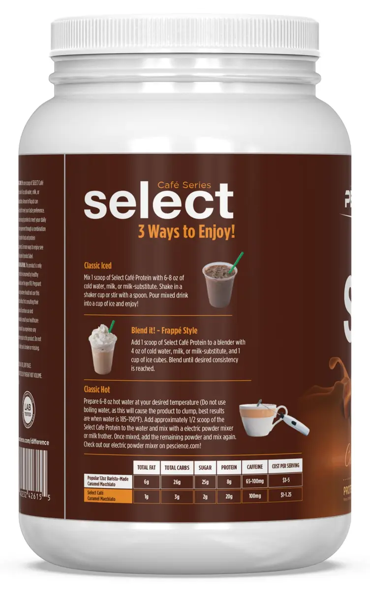 PEScience Select Cafe Protein Coffee Powder, Caramel Macchiato, 20 Servings | 20g Protein, 100mg Caffeine, Versatile Hot/Iced - view 7