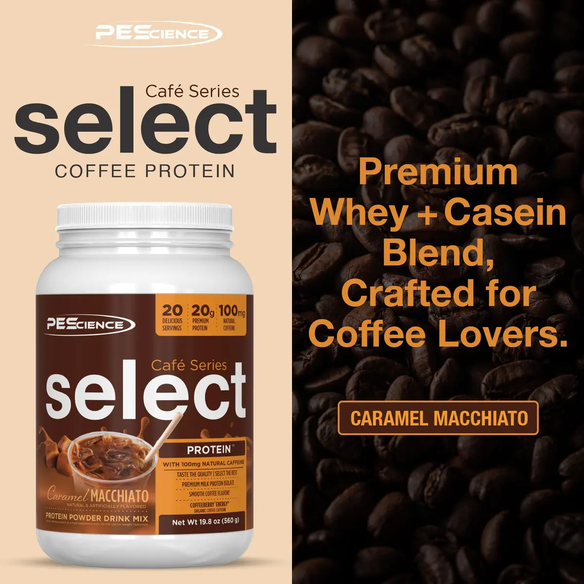 PEScience Select Cafe Protein Coffee Powder, Caramel Macchiato, 20 Servings | 20g Protein, 100mg Caffeine, Versatile Hot/Iced - view 2