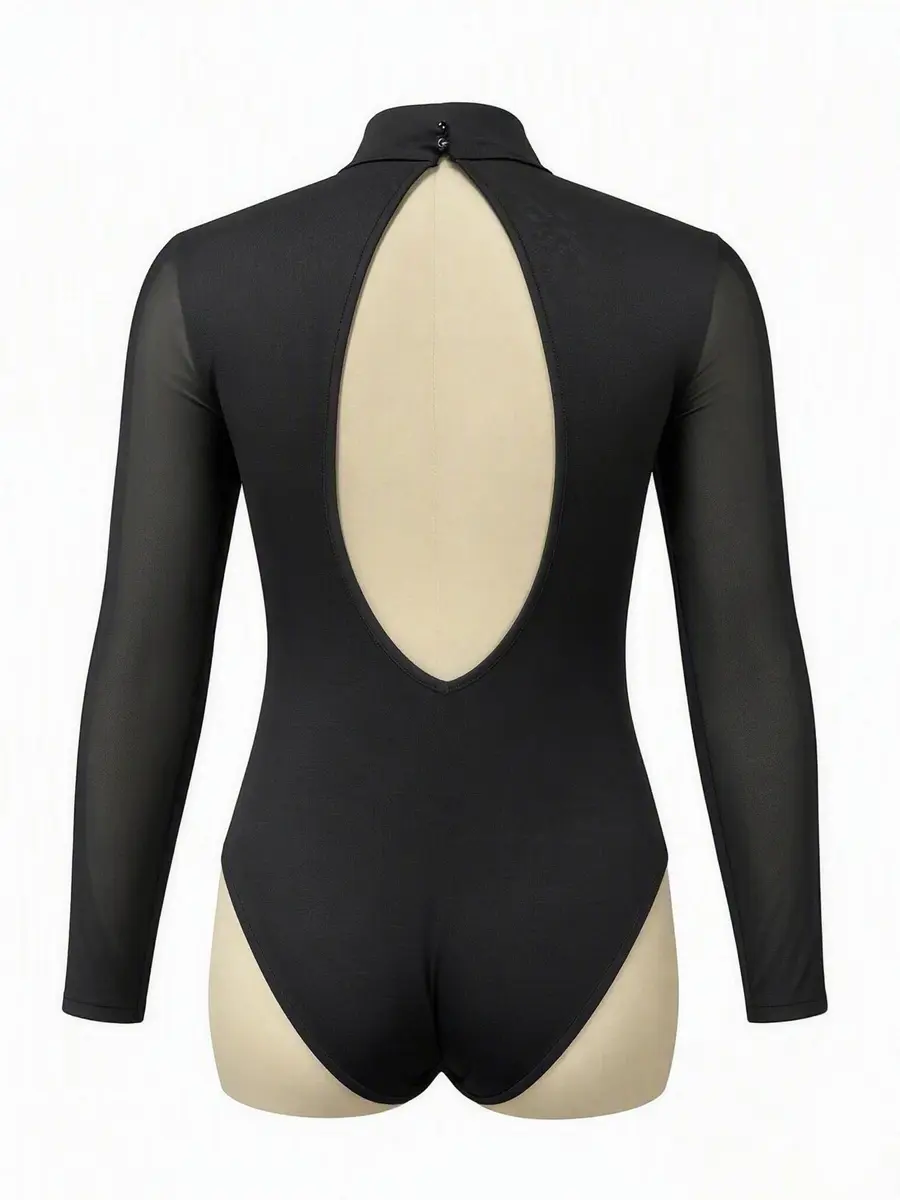 Lrady Women's Backless Rhinestone Bodysuit Long Sleeve High Neck Top | Sexy Mesh Clubwear - view 5