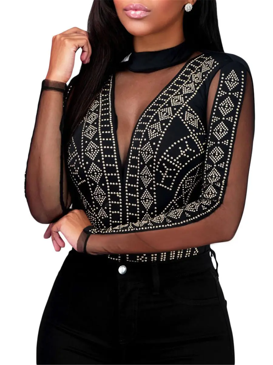 Lrady Women's Backless Rhinestone Bodysuit Long Sleeve High Neck Top | Sexy Mesh Clubwear - view 3
