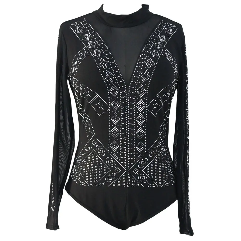 Lrady Women's Backless Rhinestone Bodysuit Long Sleeve High Neck Top | Sexy Mesh Clubwear - view 4